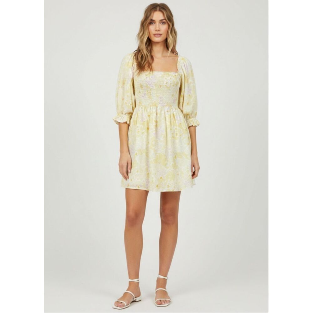 Billabong Yellow Floral Smocked 3/4 Puff Sleeve Cotton Dress Milkmaid Sz M
